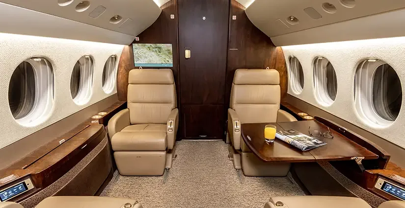 Cabin interior of a Dassault Falcon 7X.