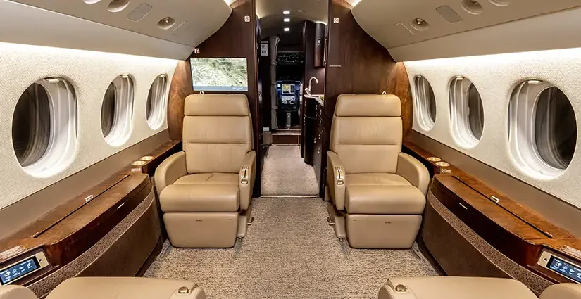 Cabin interior of a Dassault Falcon 7X.