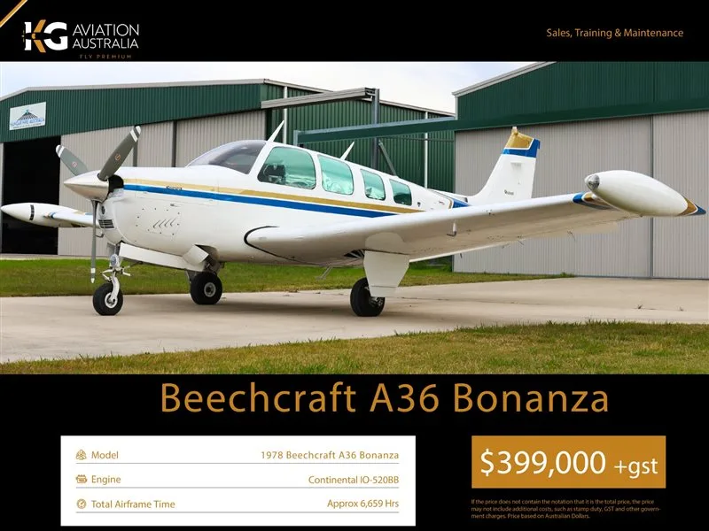 Exterior view of a 1978 Beechcraft Bonanza A36, VH-ENZ.