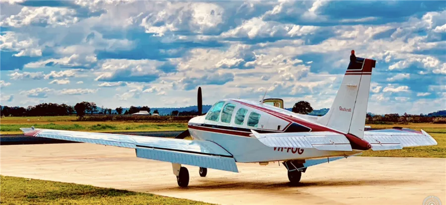 Exterior view of a 1980 Beechcraft Bonanza A36, VH-FOG.