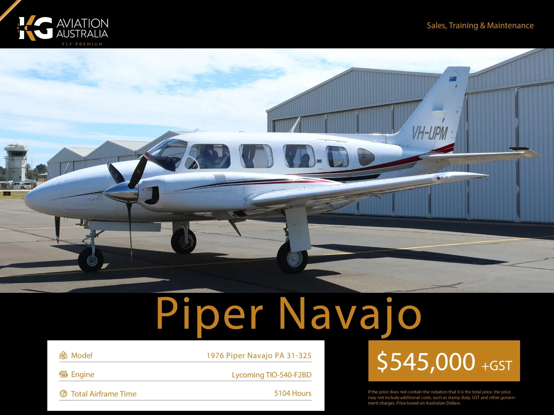 Exterior view of a 1980 Piper Seneca II, VH-SUM.