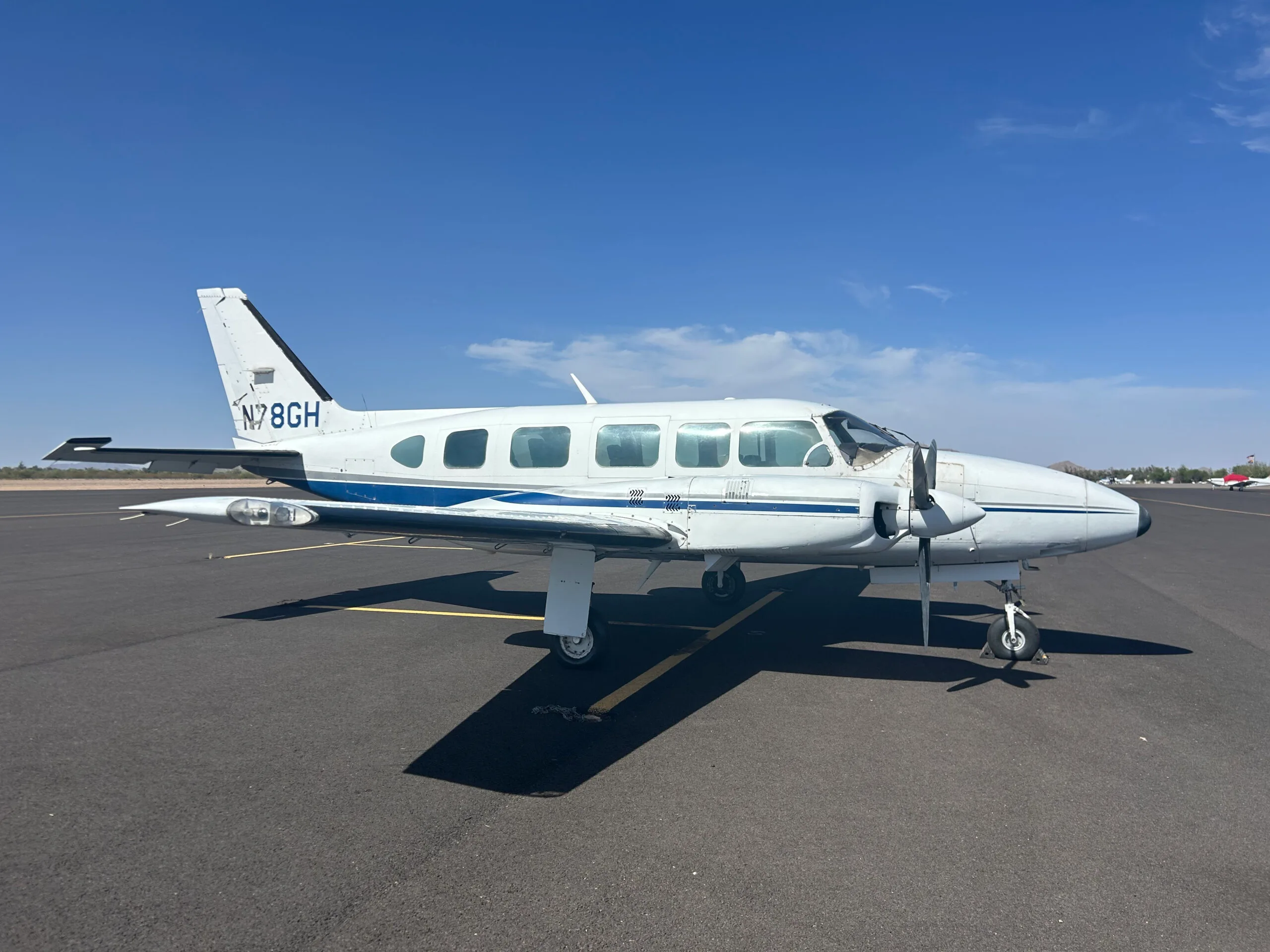 Exterior view of a 1971 Piper Seminole, VH-HMB.