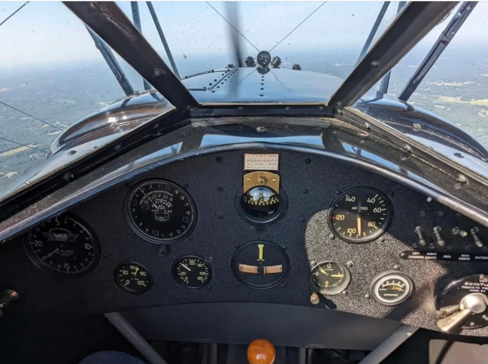 Cockpit and instrument panel of a 1927 Waco ASO.