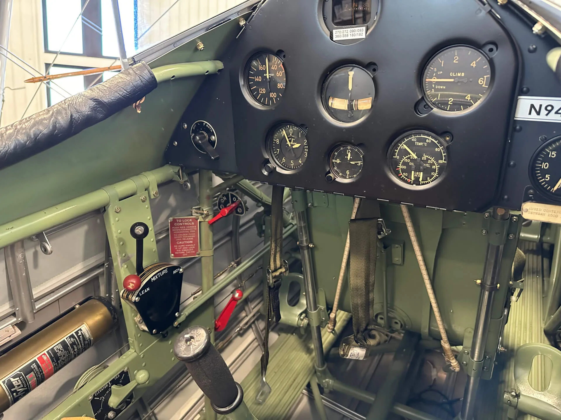 Cockpit and instrument panel of a 1941 Boeing A75N1 Stearman.