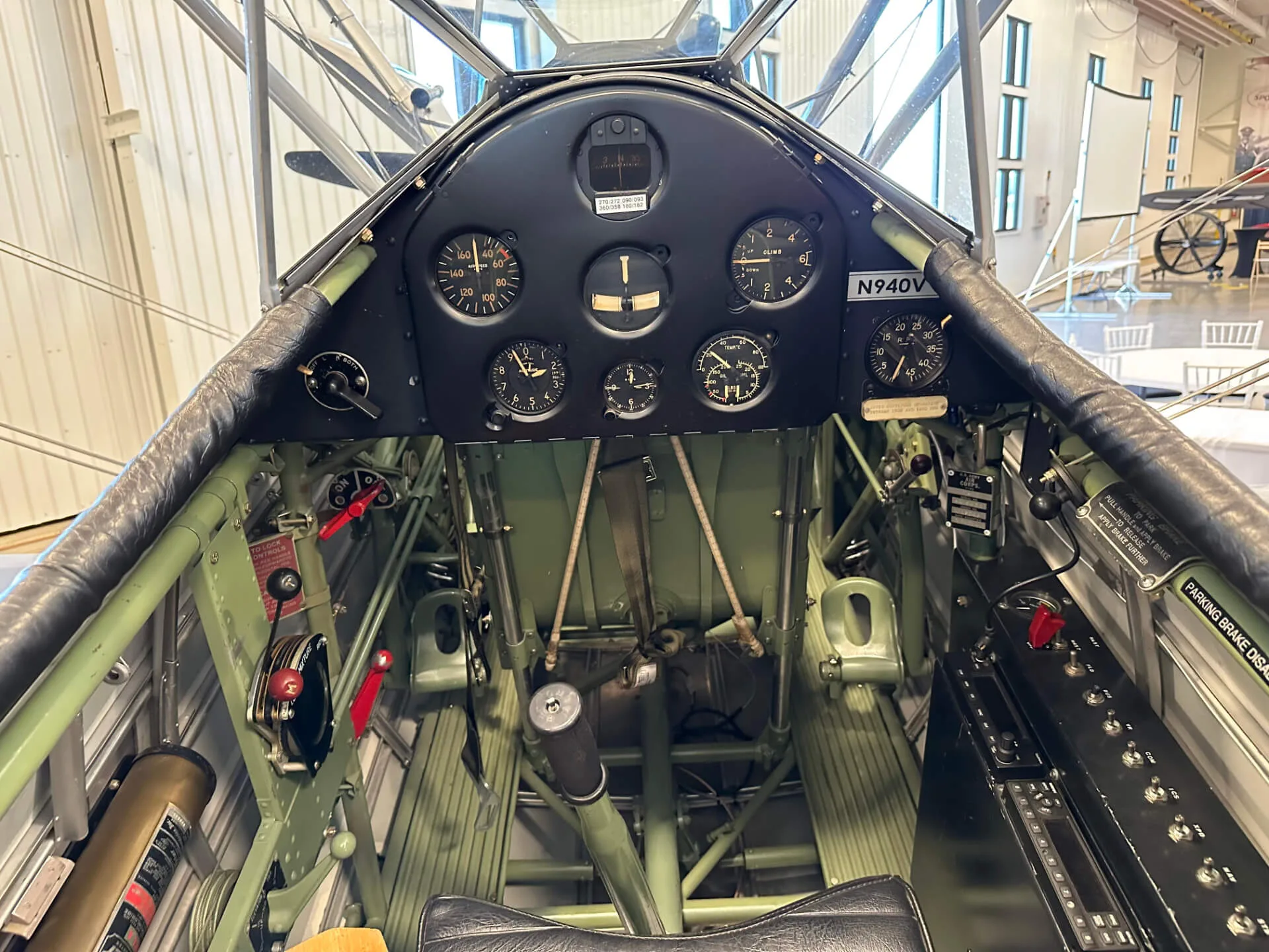 Cockpit and instrument panel of a 1941 Boeing A75N1 Stearman.