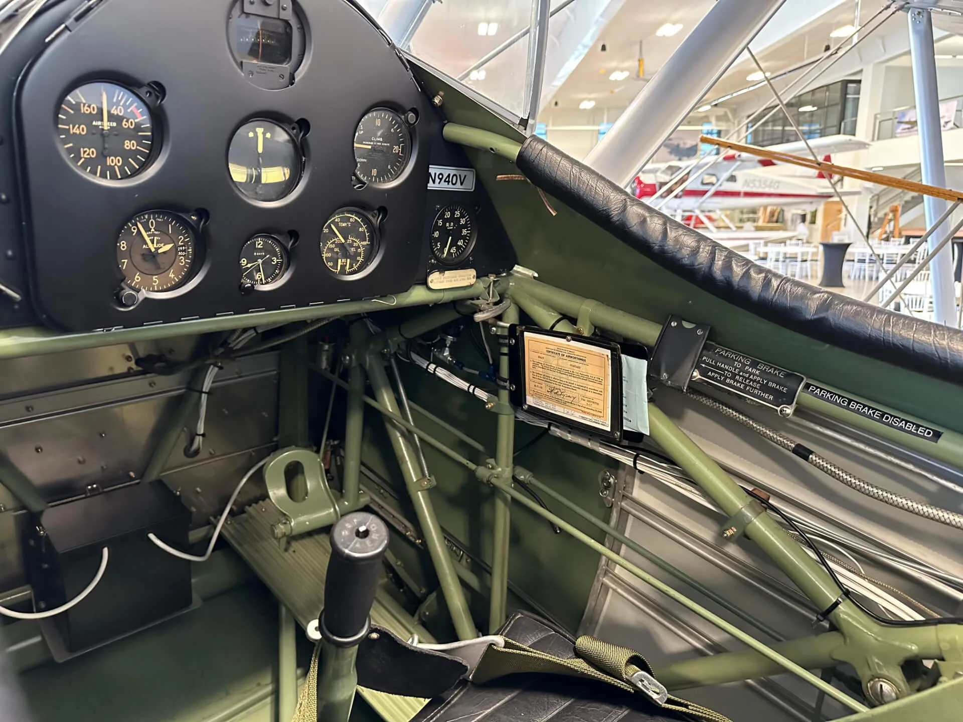 Cockpit and instrument panel of a 1941 Boeing A75N1 Stearman.