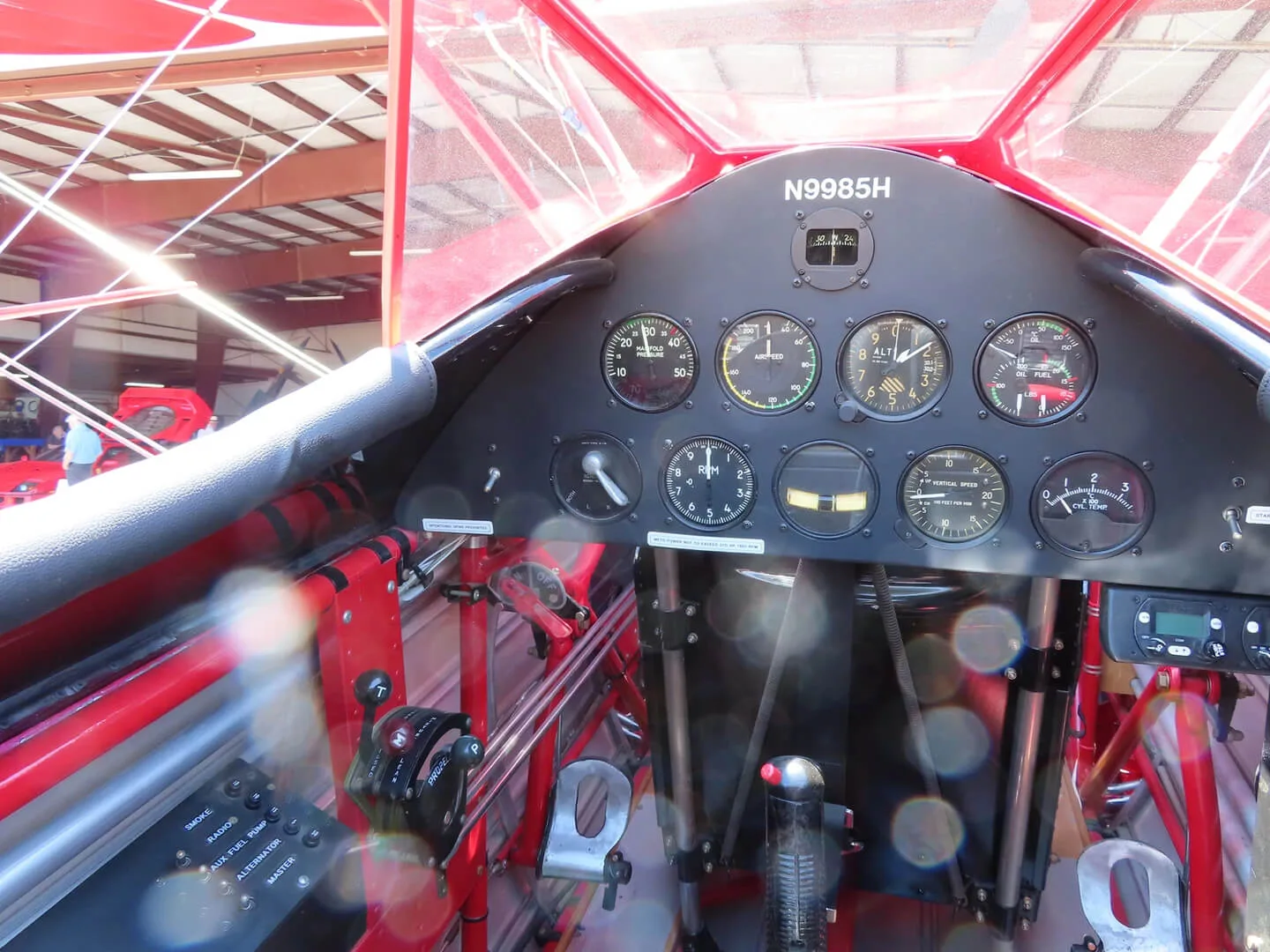 Cockpit and instrument panel of a 1941 Boeing A75N1 Stearman.