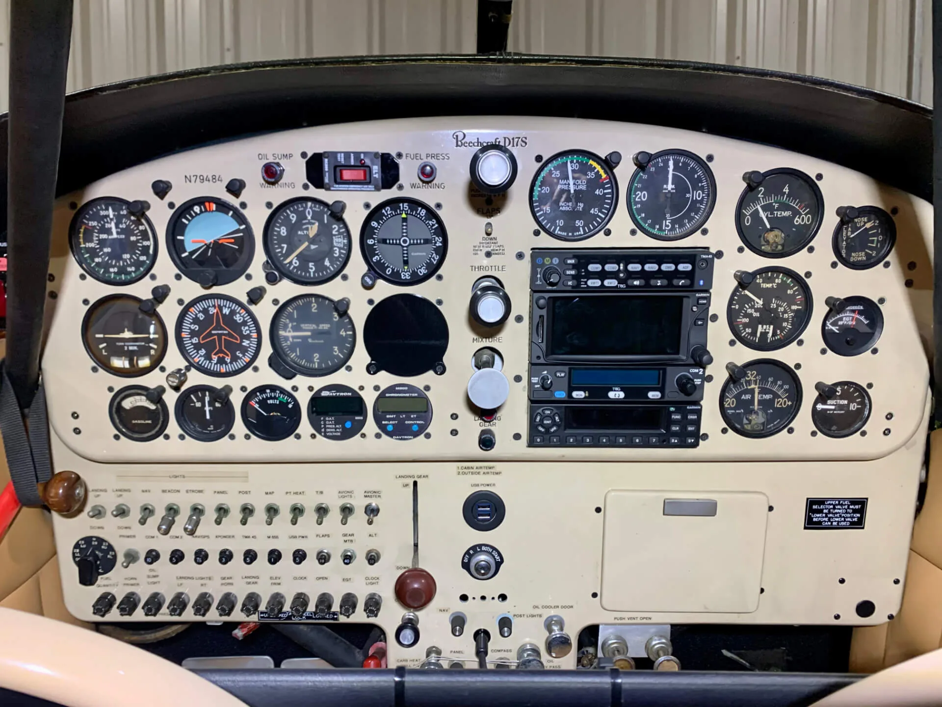 Cockpit and instrument panel of a 1943 Beechcraft D-17S Staggerwing.