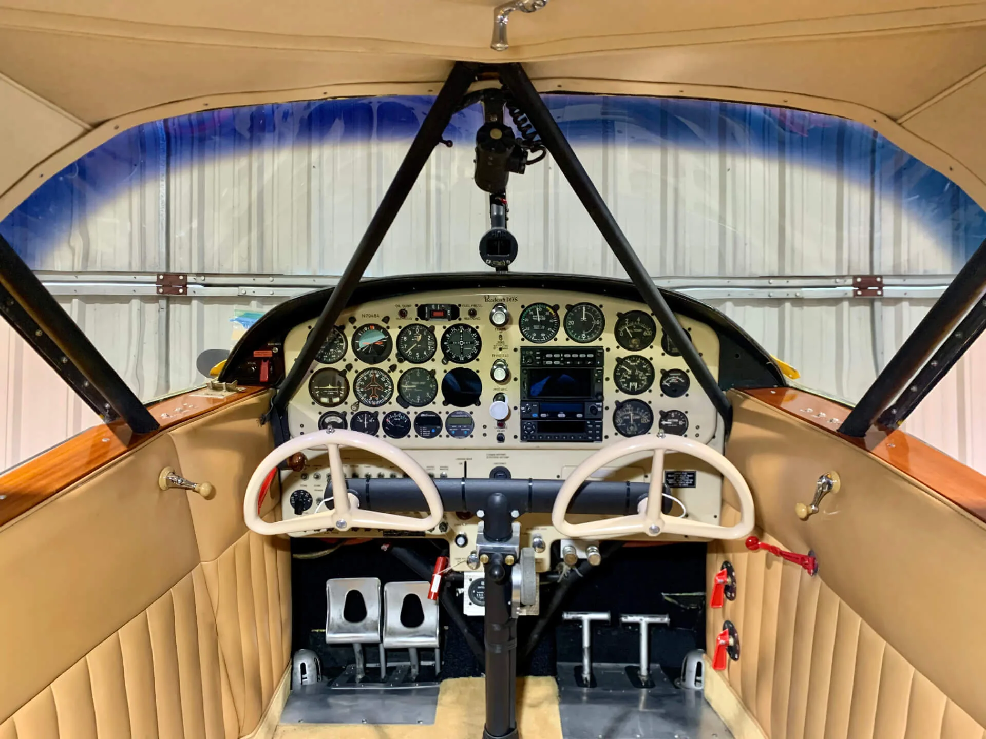 Cockpit and instrument panel of a 1943 Beechcraft D-17S Staggerwing.