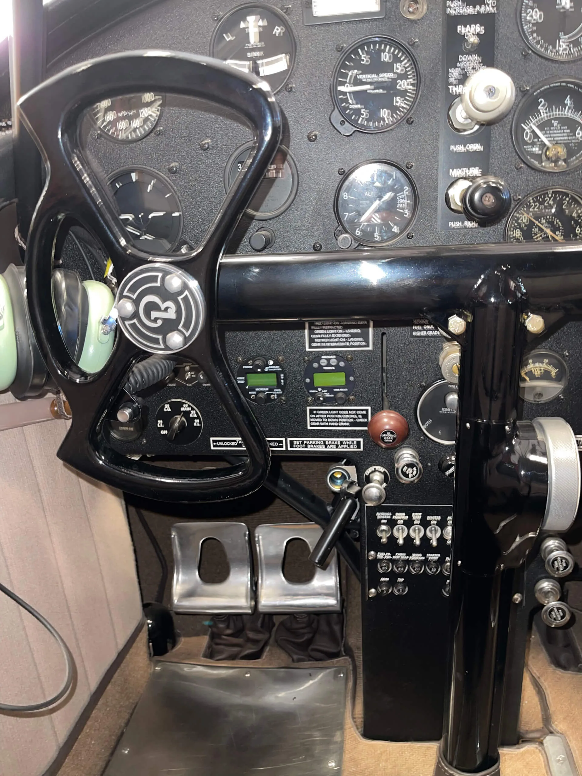 Cockpit and instrument panel of a 1944 Beech D-17S Staggerwing.
