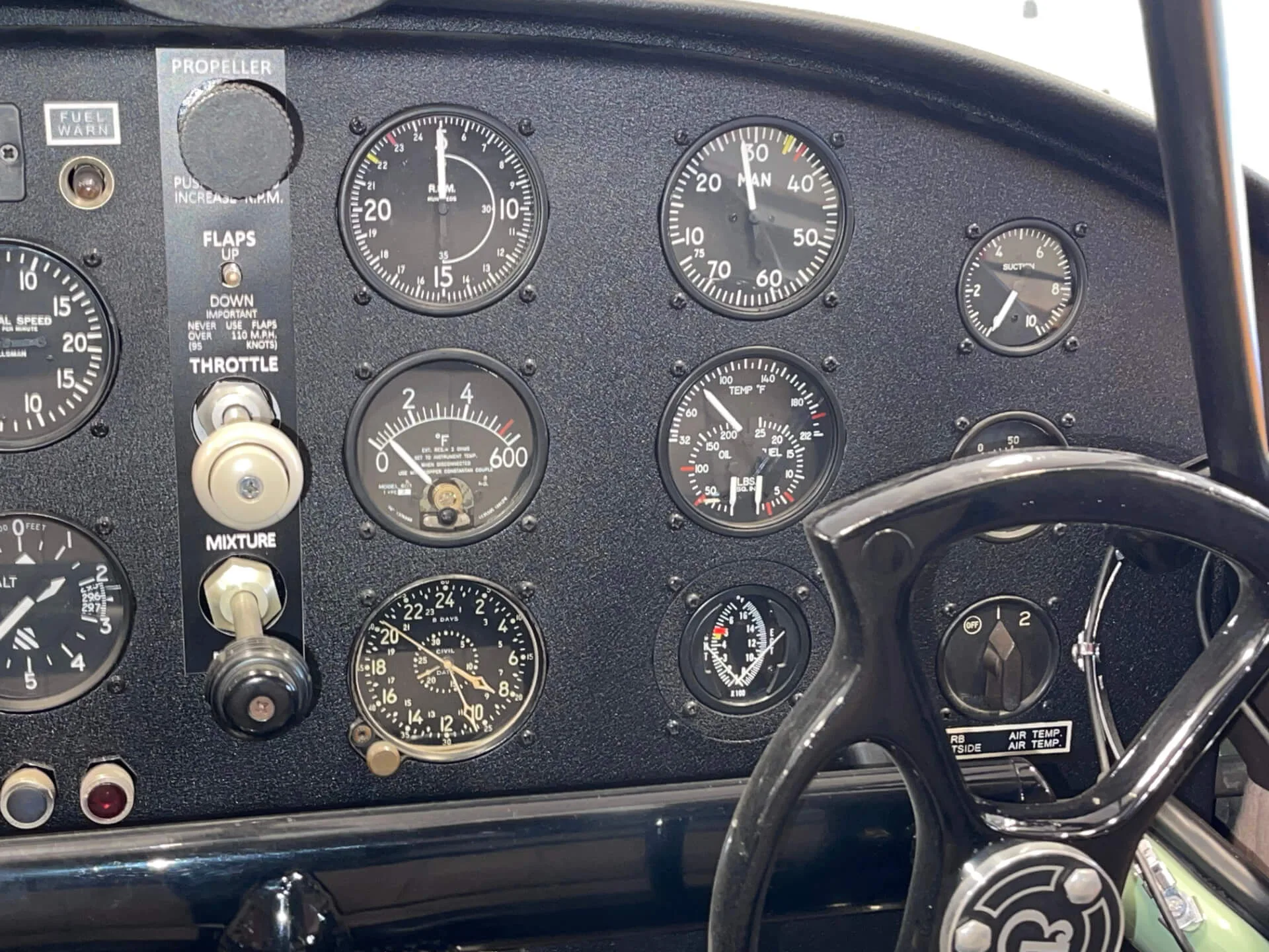 Cockpit and instrument panel of a 1944 Beech D-17S Staggerwing.