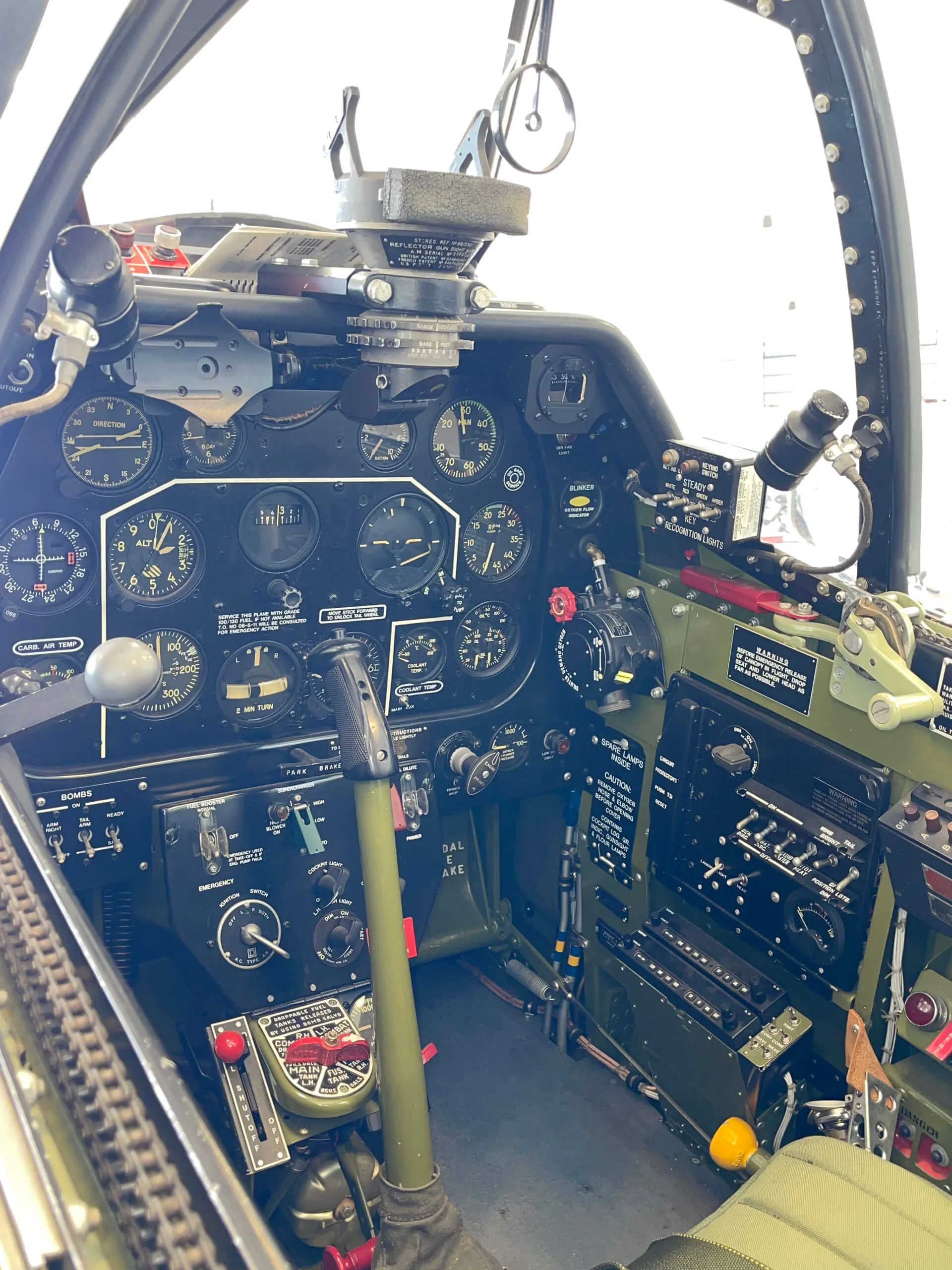 Cockpit and instrument panel of a 1943 North American P-51B Mustang “Impatient Virgin”.