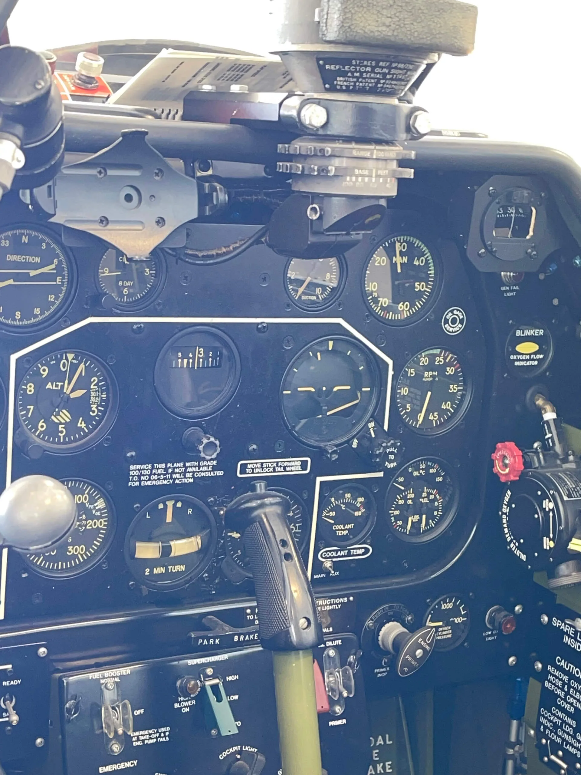 Cockpit and instrument panel of a 1943 North American P-51B Mustang “Impatient Virgin”.