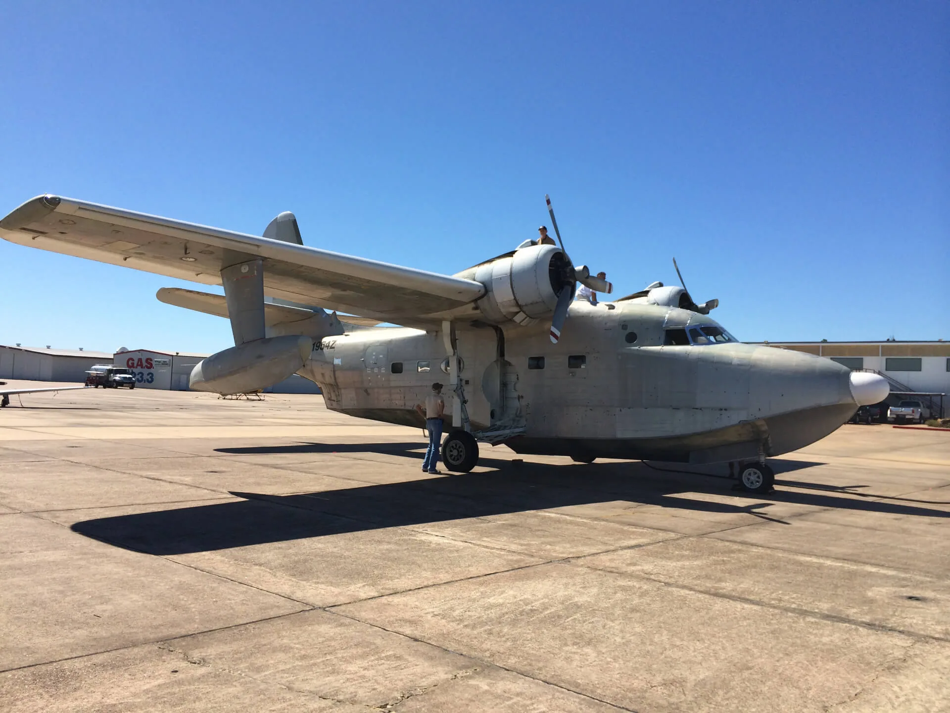 Exterior view of a 1954 Grumman HU-16C Albatross, N1954Z.
