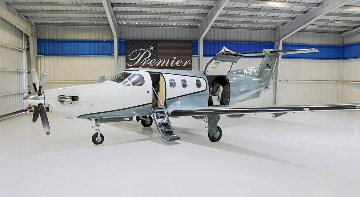 Exterior view of a 1995 Pilatus PC12-45, N411PC.