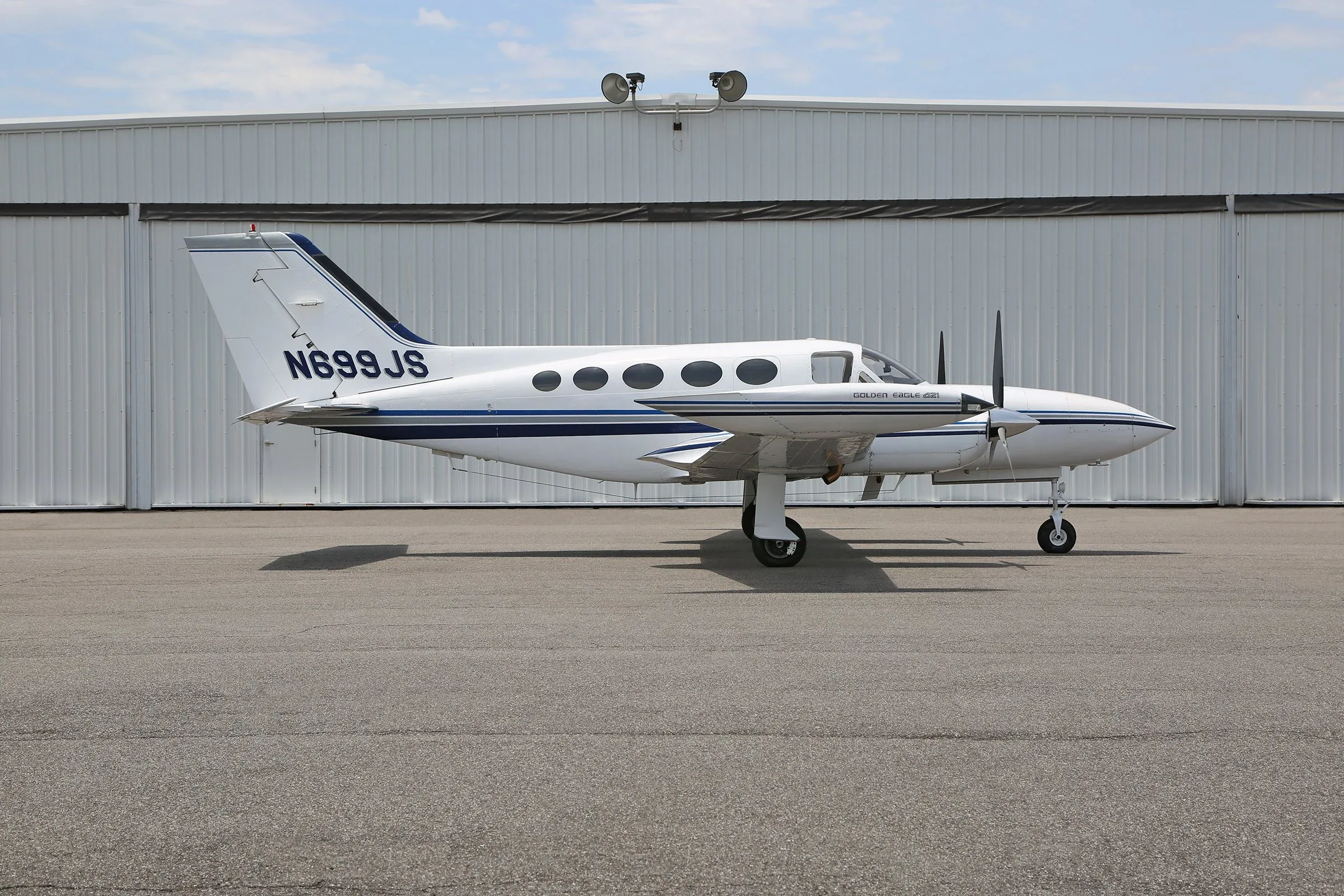 Exterior view of a 1975 Cessna 421B Golden Eagle, N699JS.