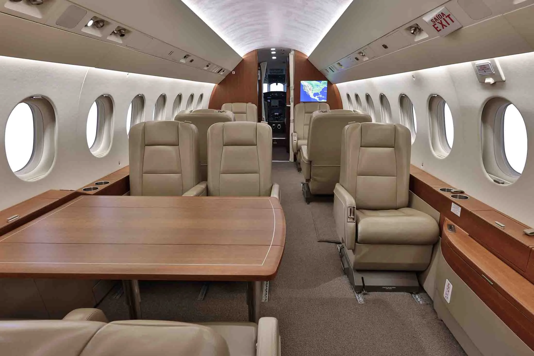 Cabin interior of a 2011 Dassault Falcon 2000LX.