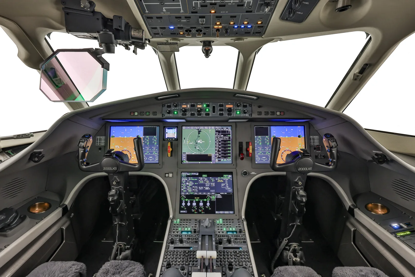 Cockpit and instrument panel of a 2015 Dassault Falcon 2000LXS.