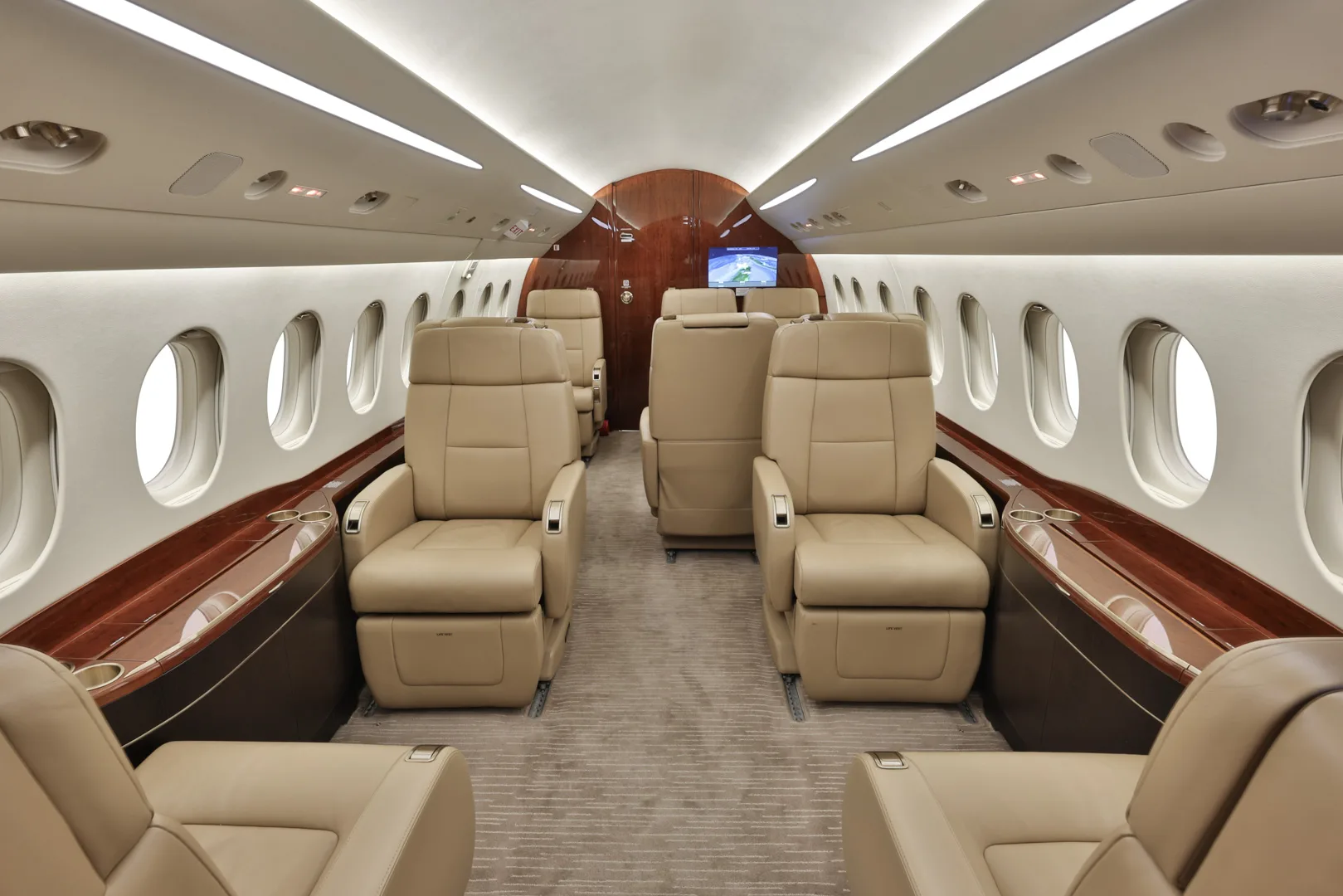 Cabin interior of a 2015 Dassault Falcon 2000LXS.