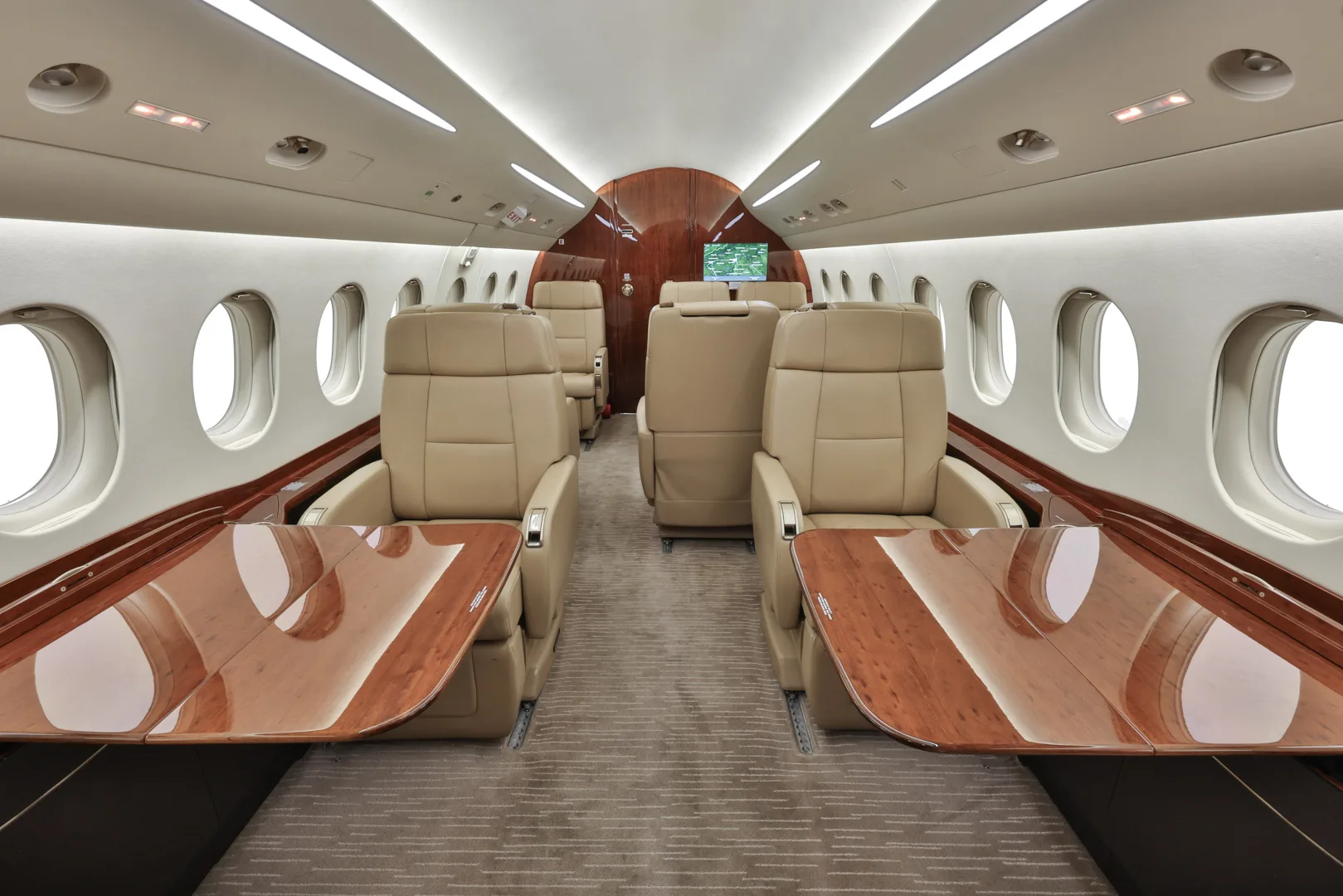Cabin interior of a 2015 Dassault Falcon 2000LXS.