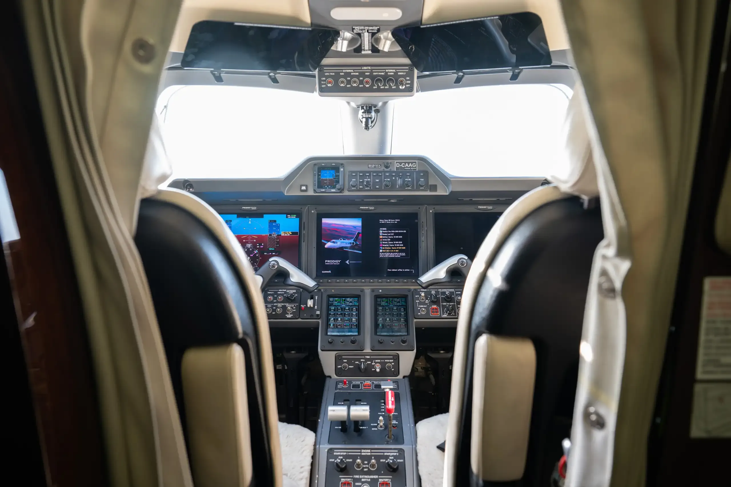 Cockpit and instrument panel of a Embraer Phenom 300.