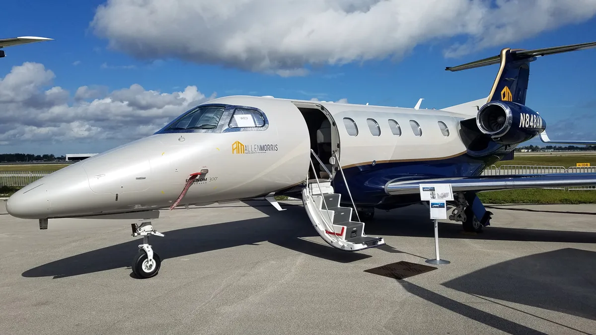 Exterior view of a 2015 Embraer phenom 300.