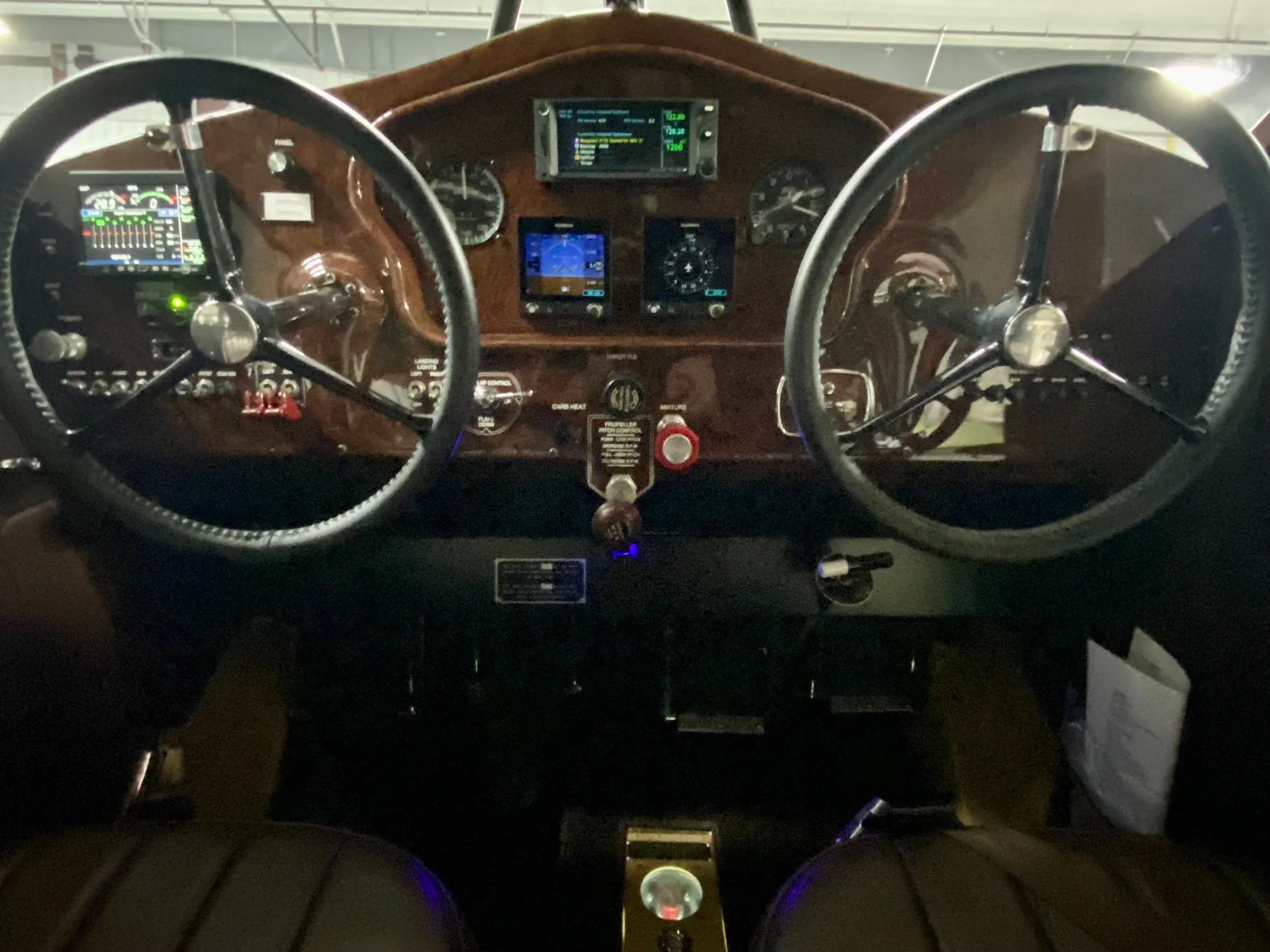 Cockpit and instrument panel of a Stinson.