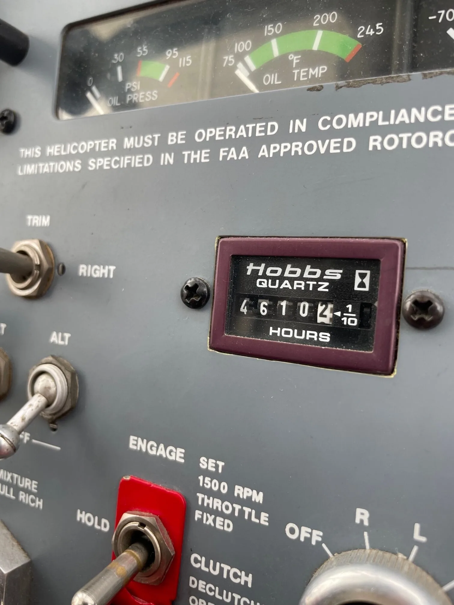Cockpit and instrument panel of a 2000 Schweizer 269-1.