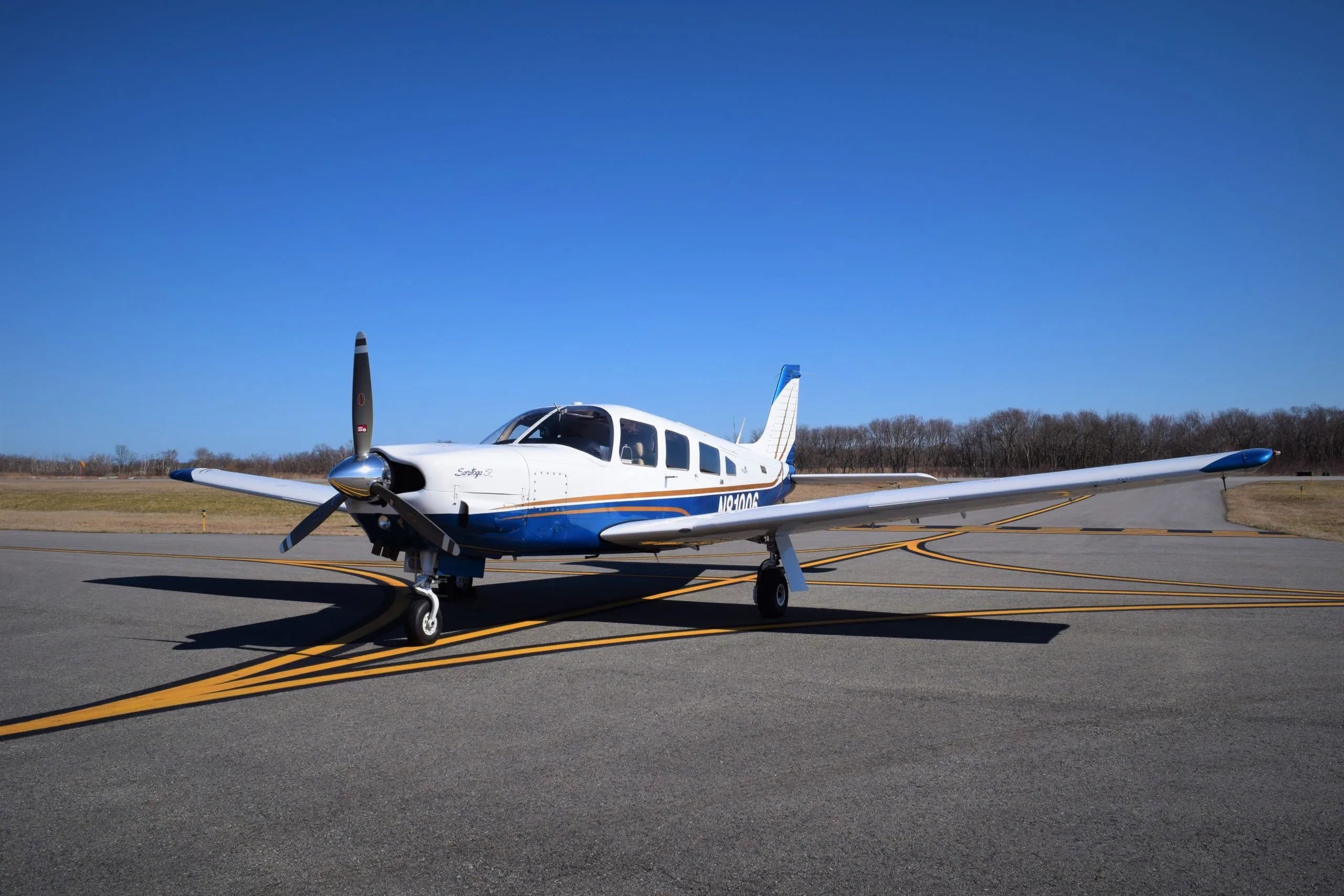 Exterior view of a Piper saratoga sp, N81006.