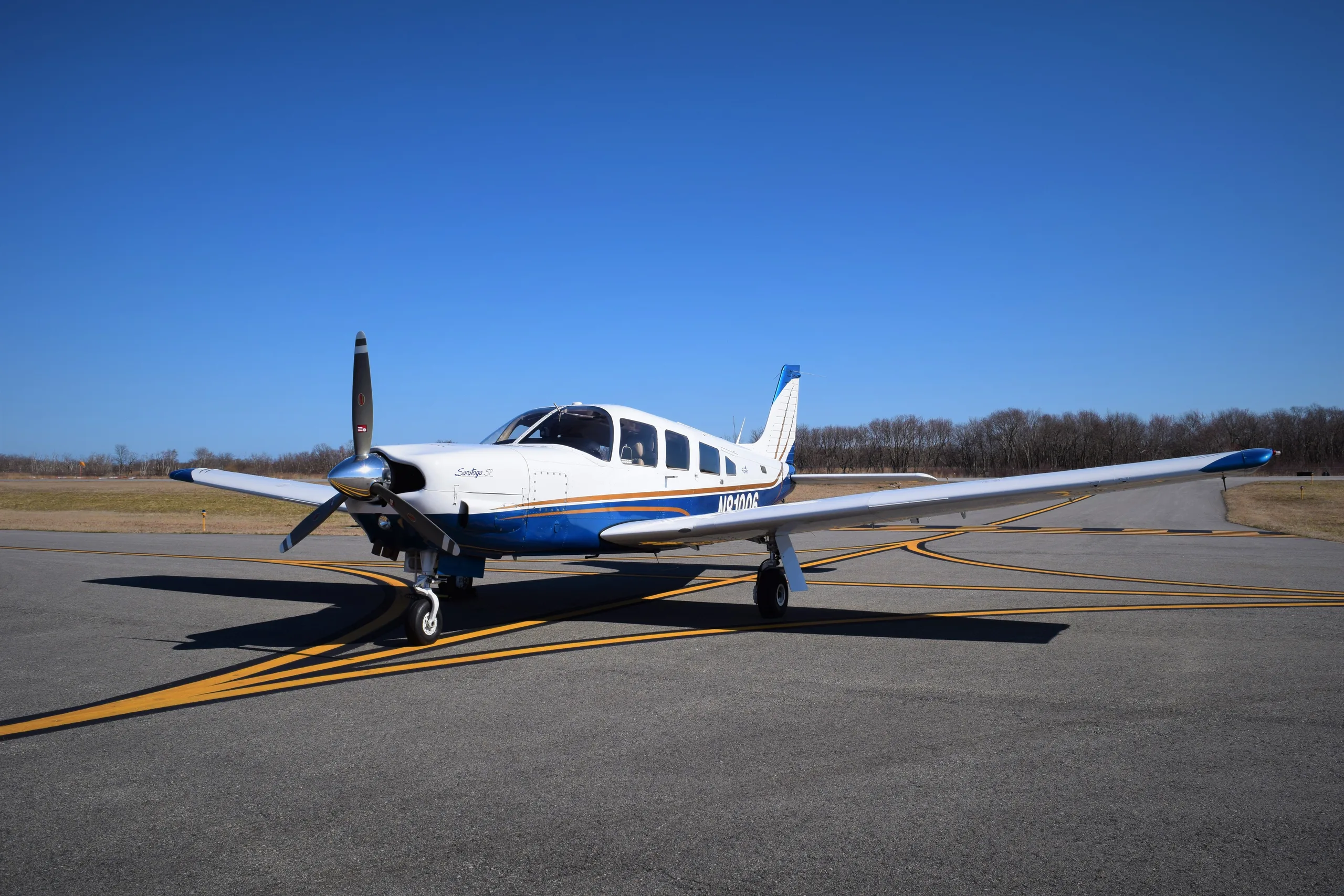 Exterior view of a Piper saratoga sp, N81006.