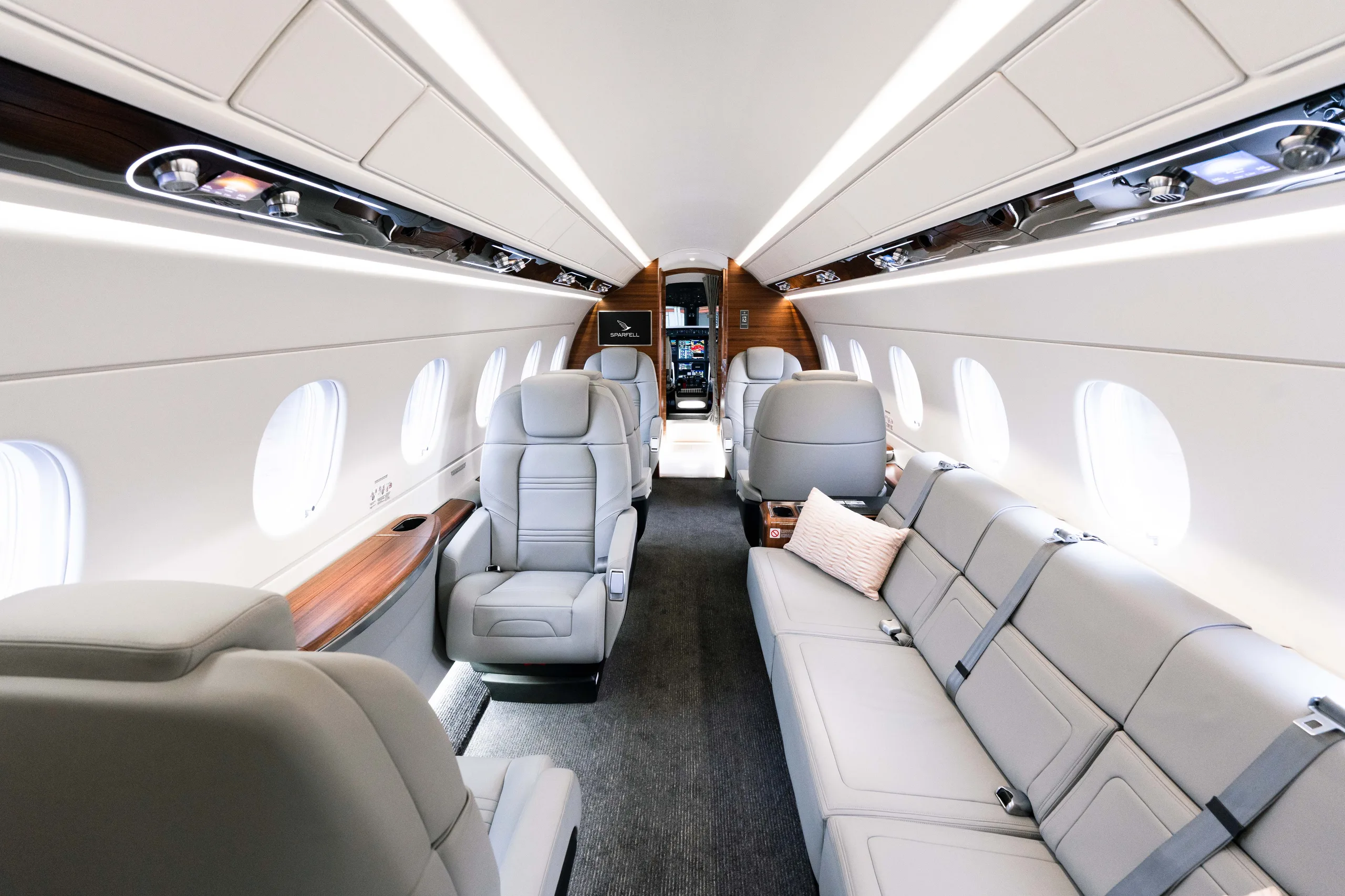 Cabin interior of a 2025 Embraer Praetor 600.