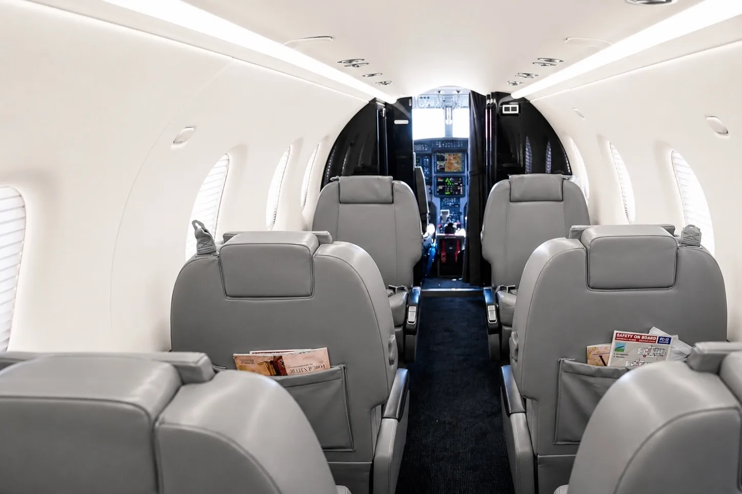 Cabin interior of a 2019 Pilatus PC12 47E.