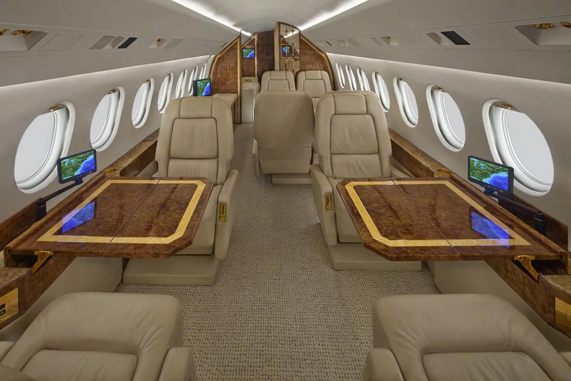 Cabin interior of a 1999 Dassault Falcon 900B.