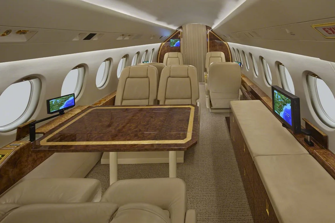 Cabin interior of a 1999 Dassault Falcon 900B.