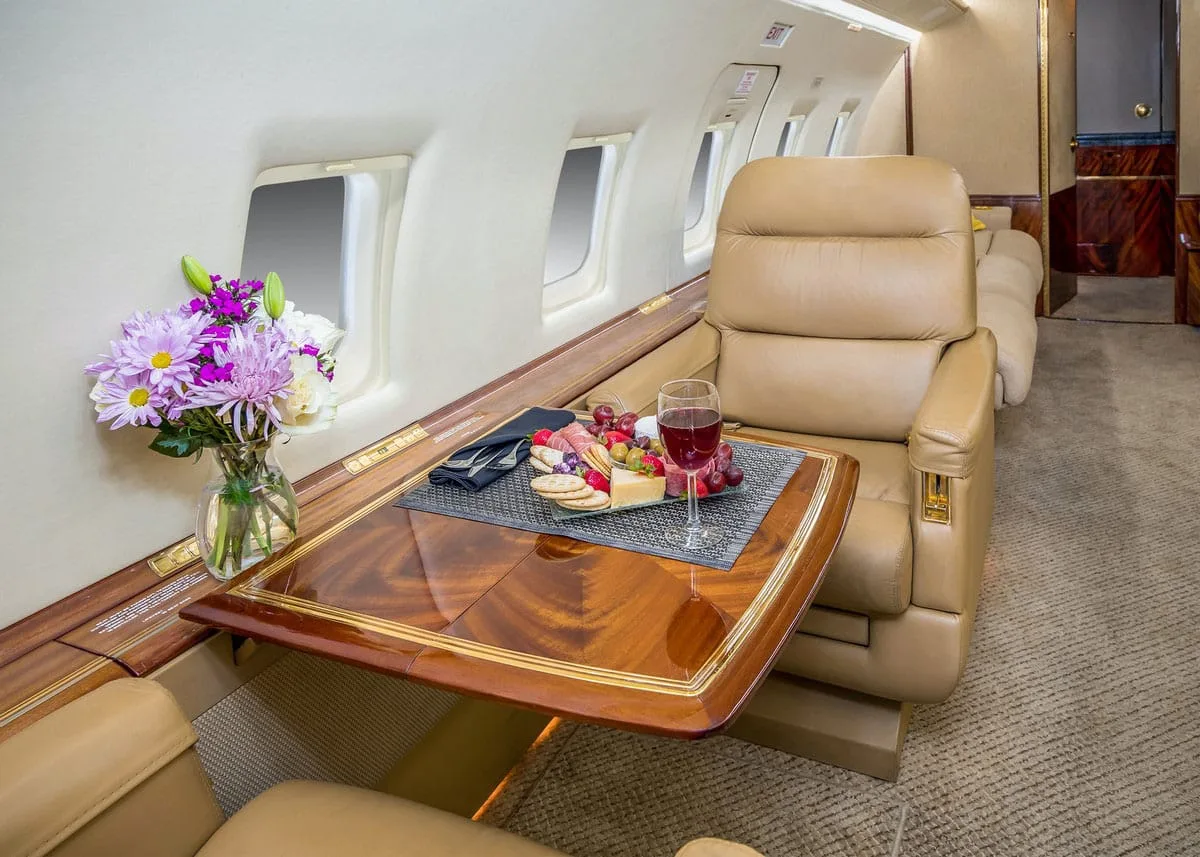 Cabin interior of a 2000 Bombardier Challenger 604.