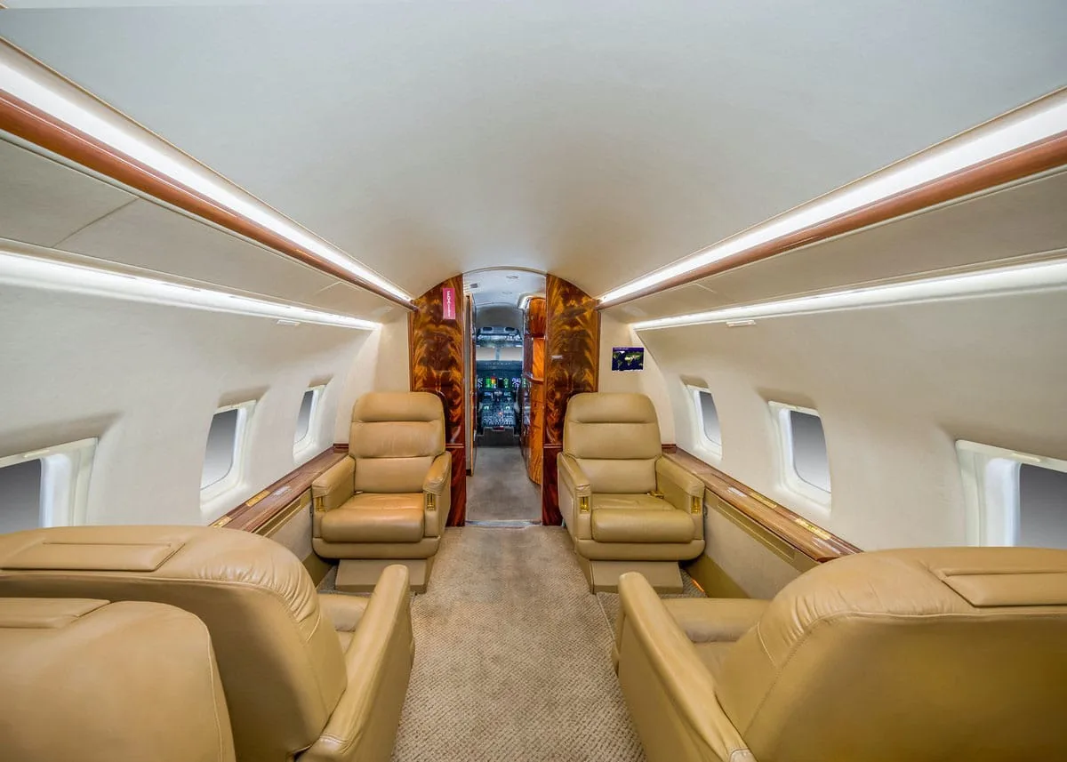 Cabin interior of a 2000 Bombardier Challenger 604.