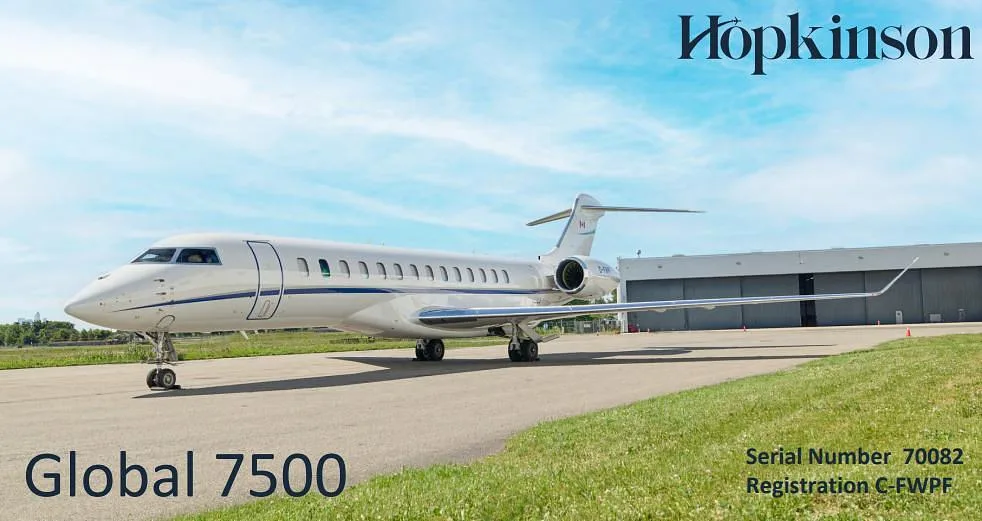 Exterior view of a 2021 Bombardier Global 7500, C-FWPF.