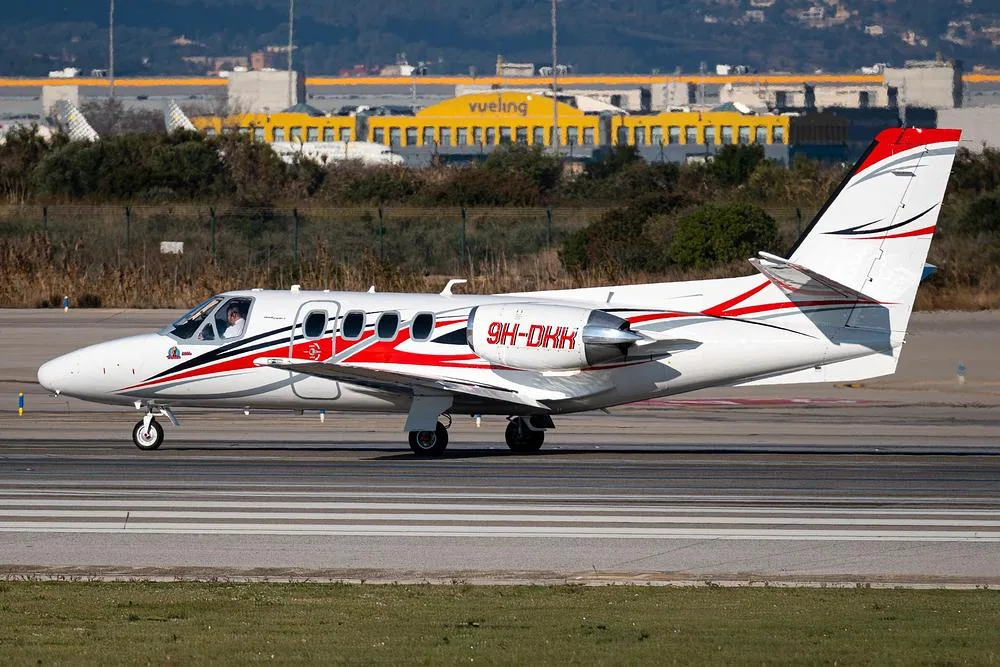 Exterior view of a 1980 Cessna Citation CJ1, 9H-DKK.