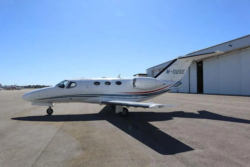 Exterior view of a 2010 Cessna Citation Mustang, M-OUSE.