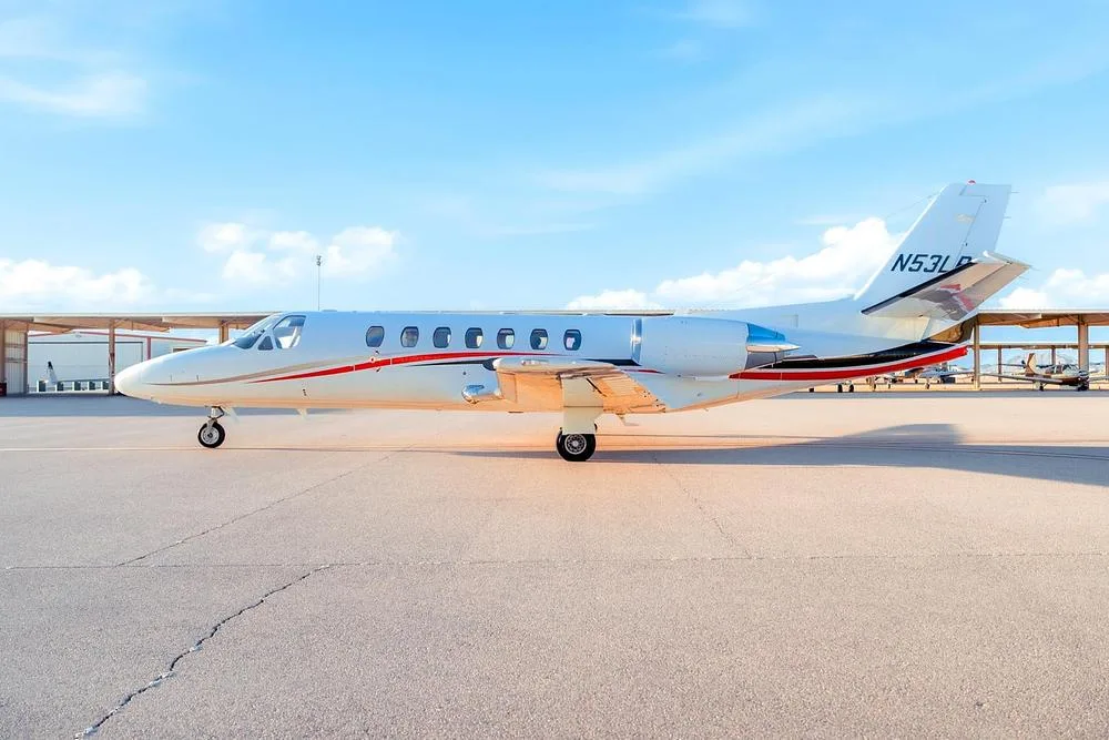 Exterior view of a 1996 Cessna Citation Ultra, N53LP.