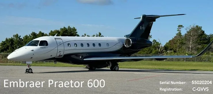 Exterior view of a 2024 Embraer Preator 600, C-GVVS.