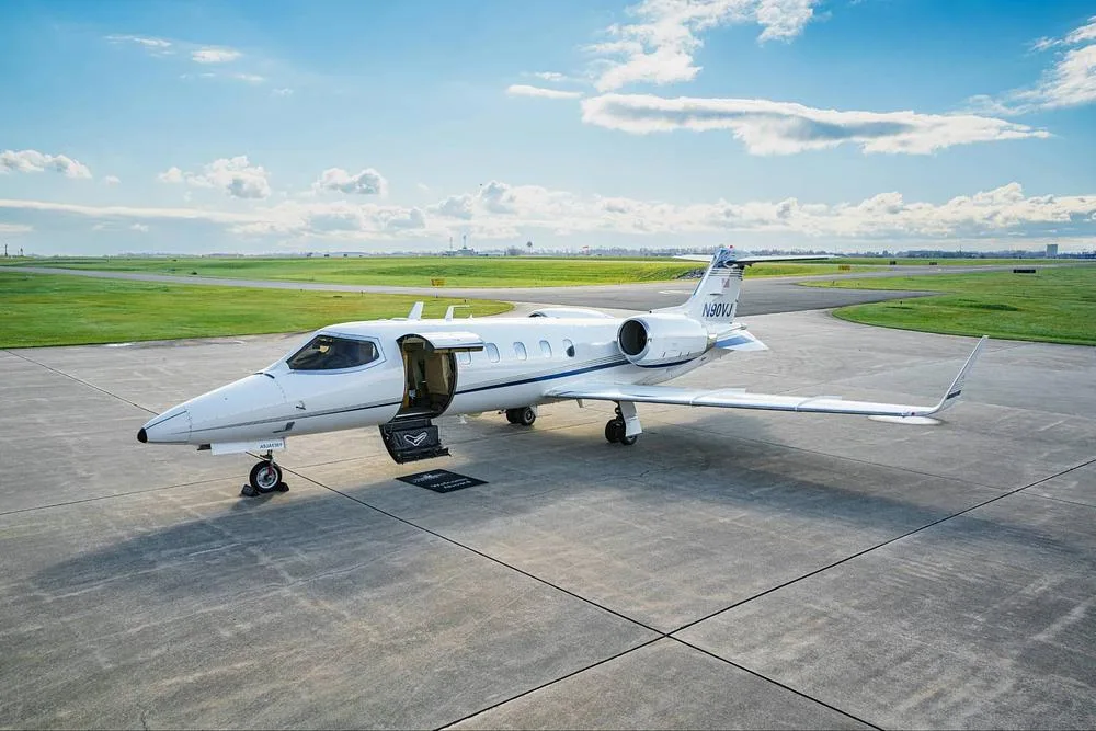 Exterior view of a 2002 Learjet 31A, N90VJ.