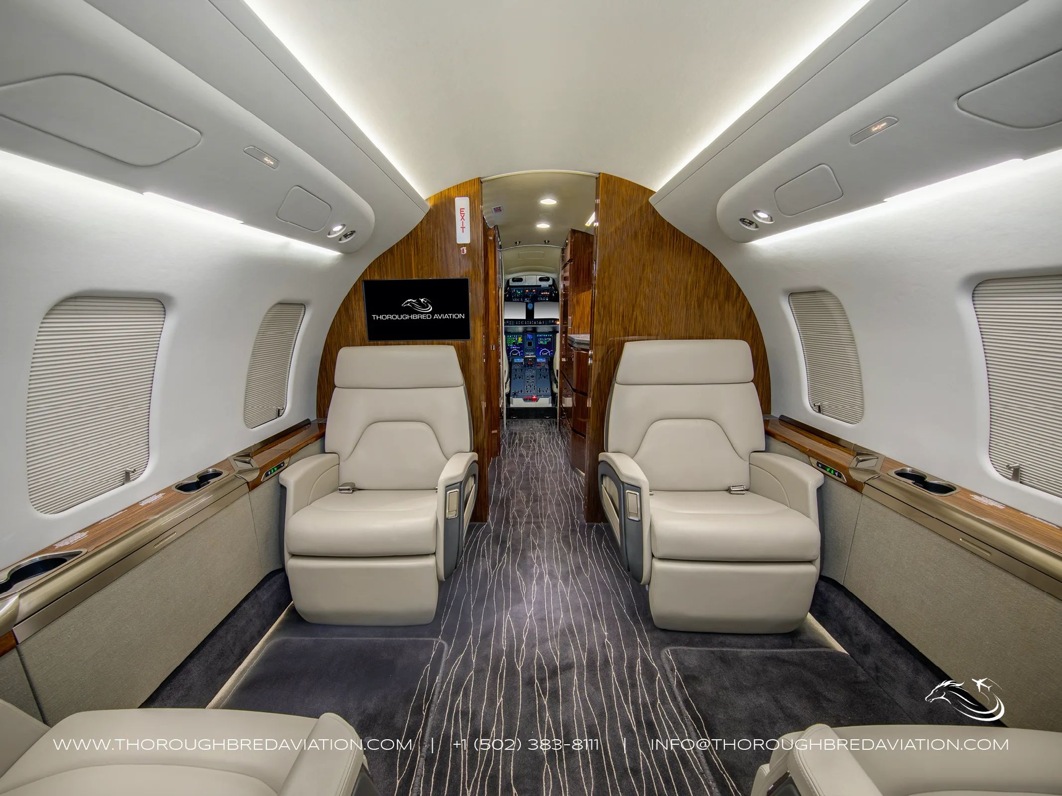 Cabin interior of a 2018 Bombardier Challenger 650 — Thoroughbred Aviation.