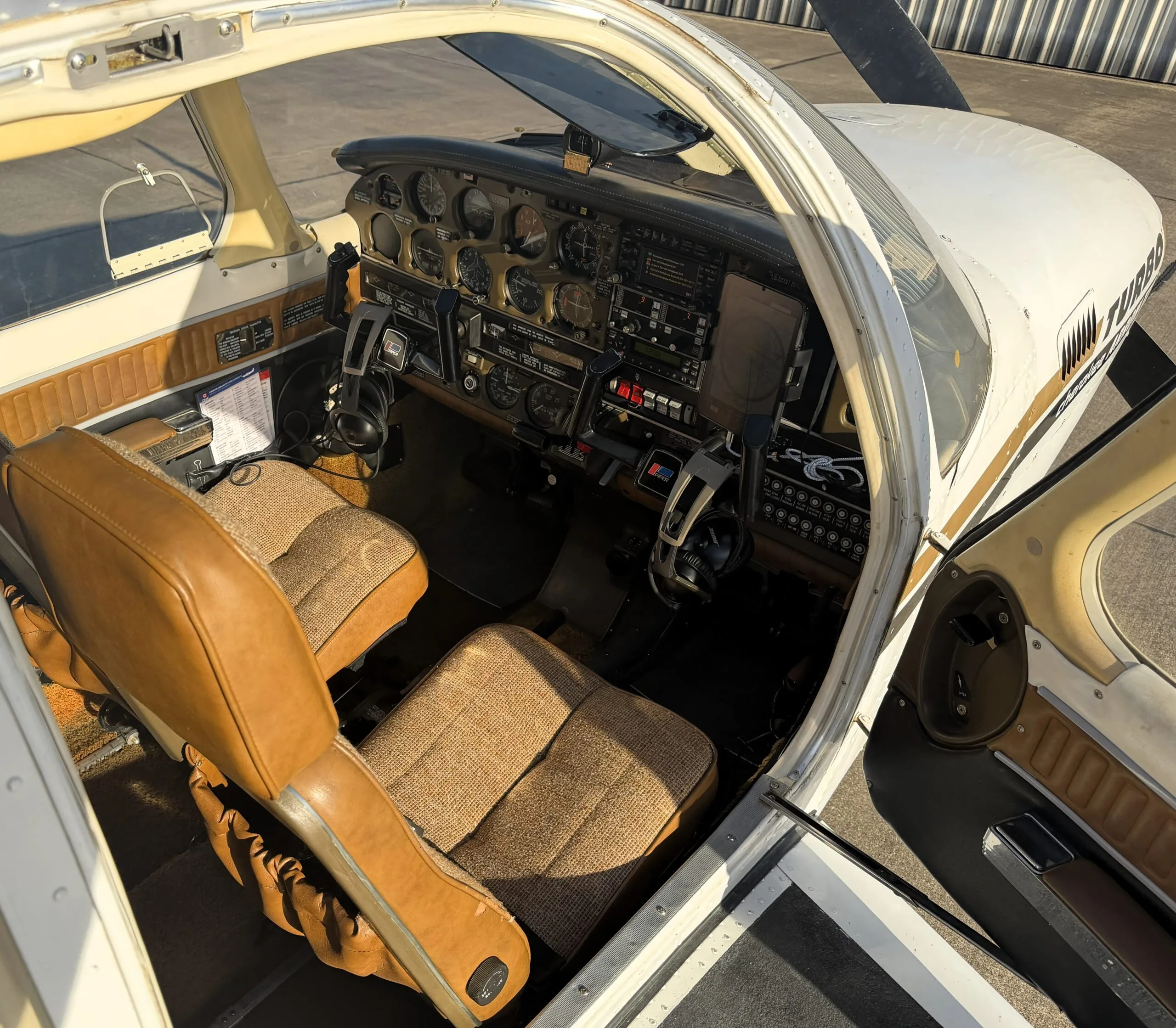 Cockpit and instrument panel of a 1977 Piper Turbo Arrow III.