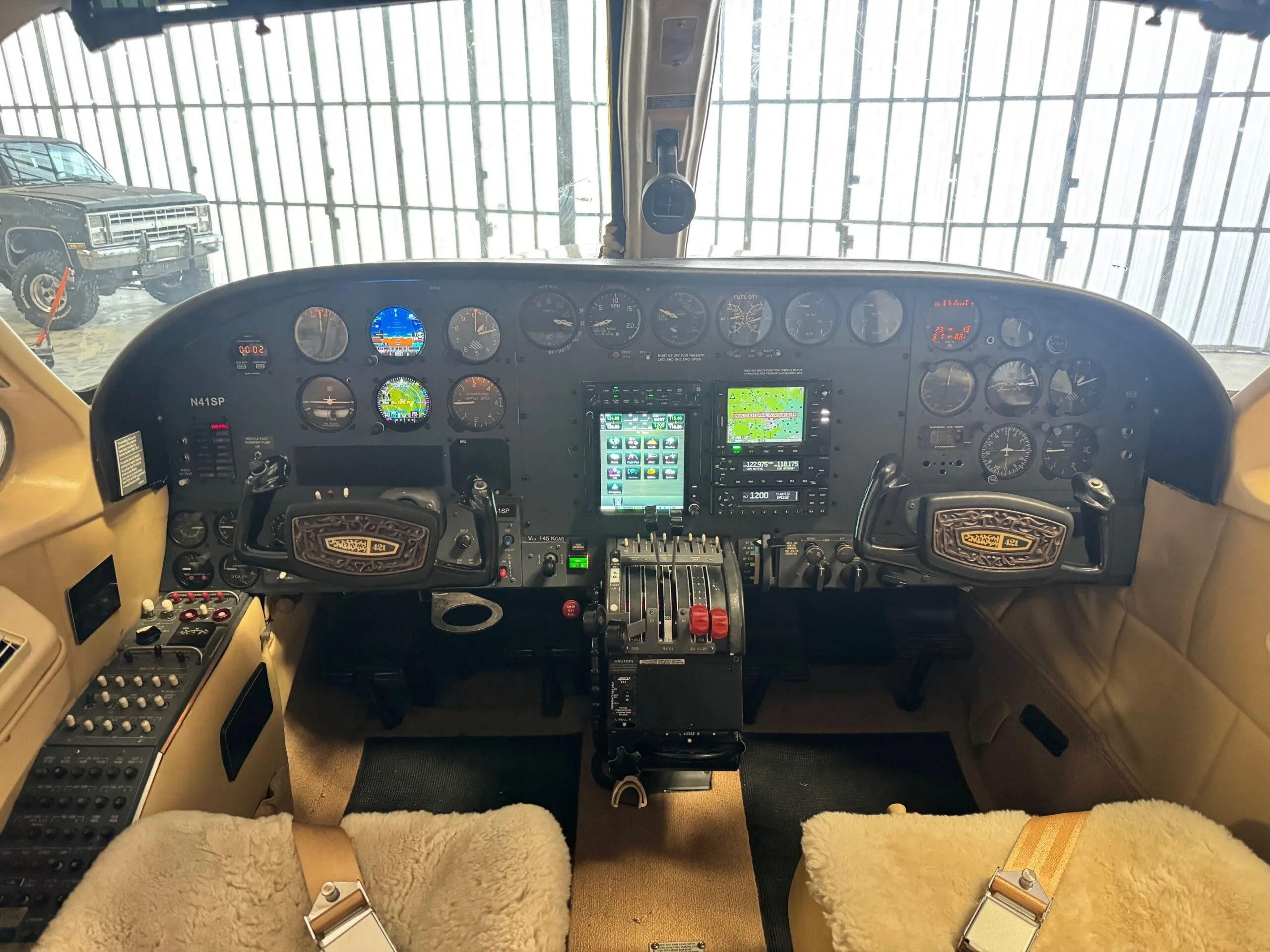 Cockpit and instrument panel of a 1975 Cessna 421B.