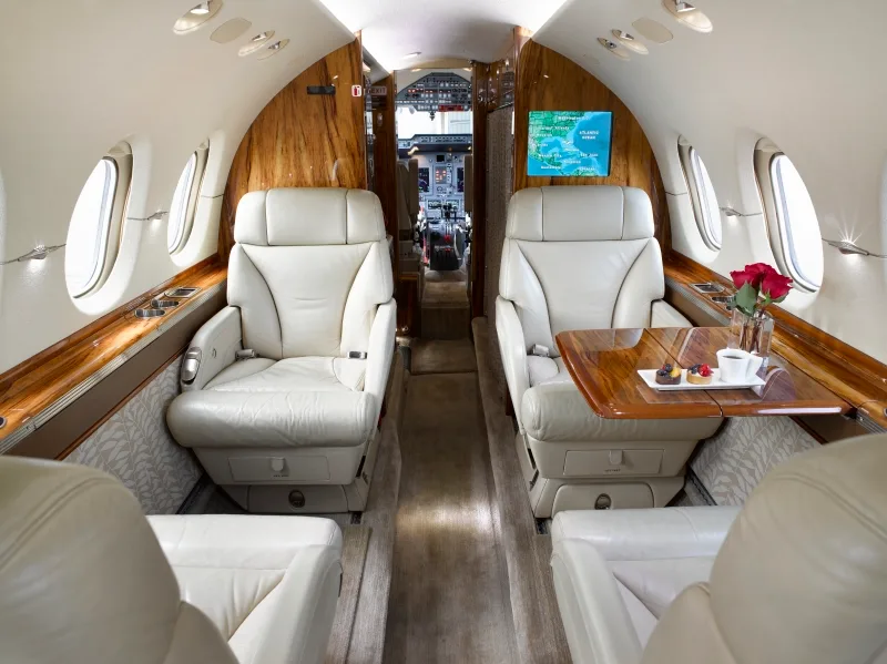 Cabin interior of a Hawker 800XP.