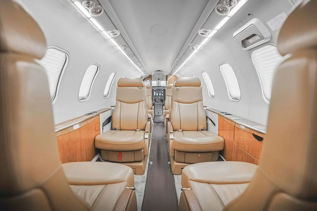 Cabin interior of a 2004 Bombardier Learjet 45XR.