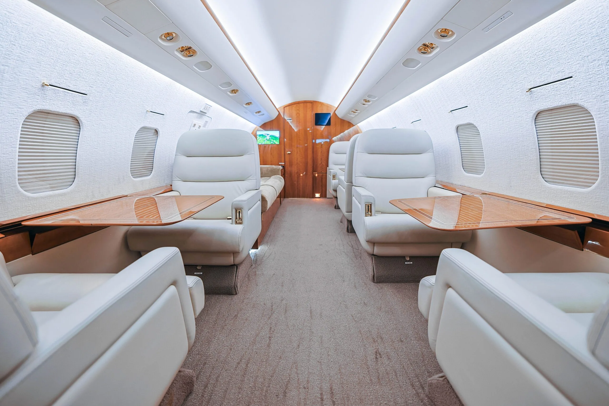 Cabin interior of a 1998 Bombardier Challenger 604.