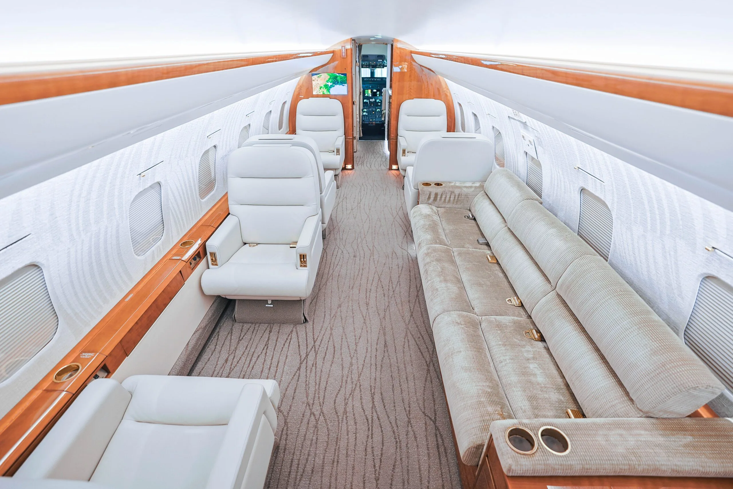 Cabin interior of a 1998 Bombardier Challenger 604.