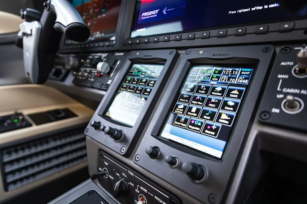 Avionics suite of a 2018 Embraer Phenom 100EV.